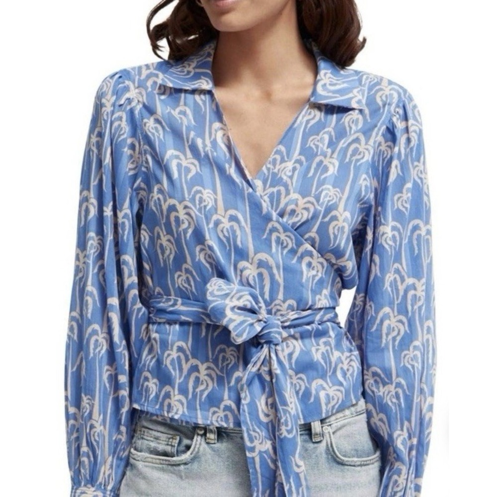 Women's M Scotch &‎ Soda Blue Tropical Print Wrap Blouse - Picture 5 of 10